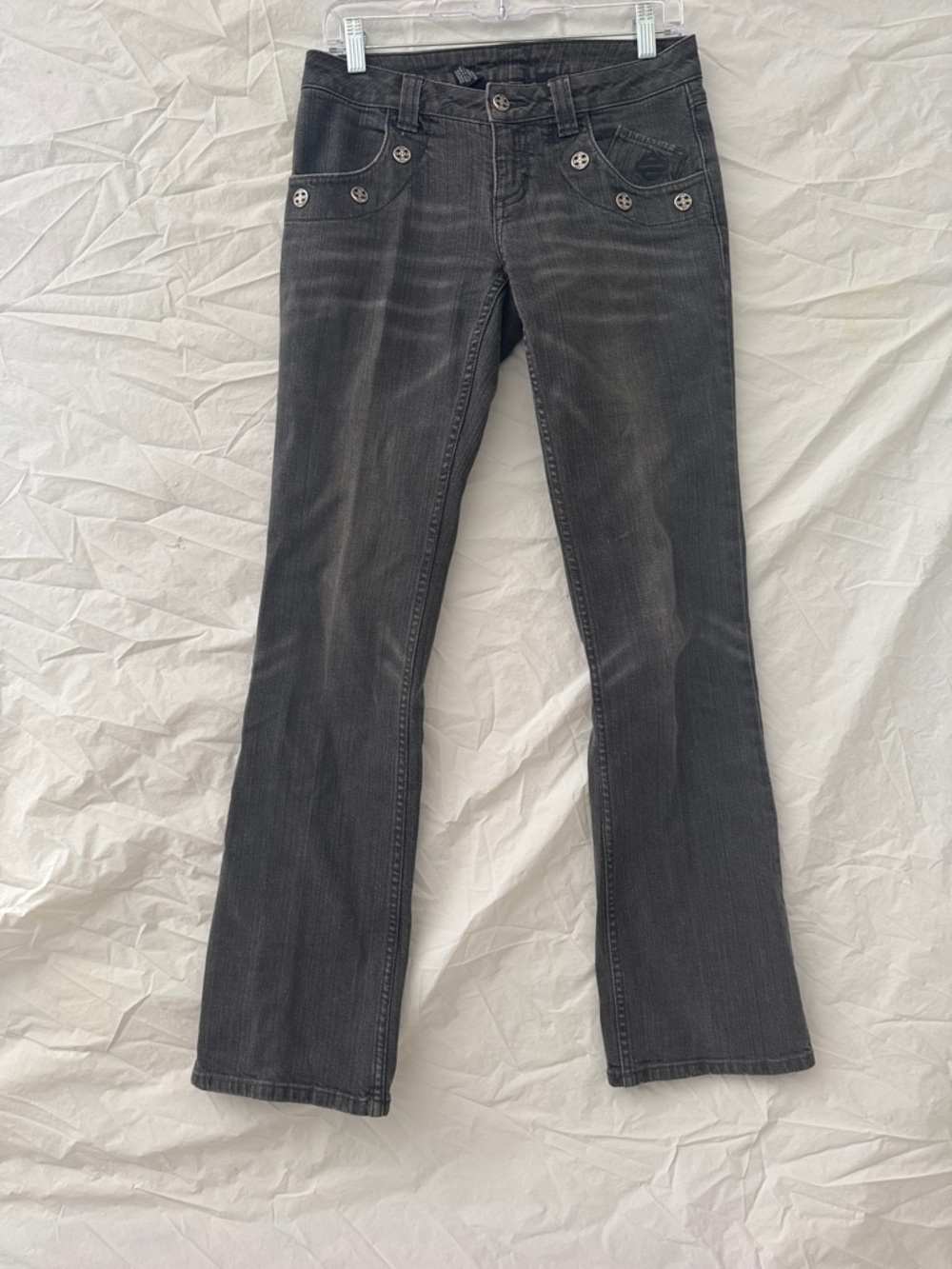 Harley-Davidson Bikercore Lowrise Black Charcoal Flare Jeans wDecorative Buttons